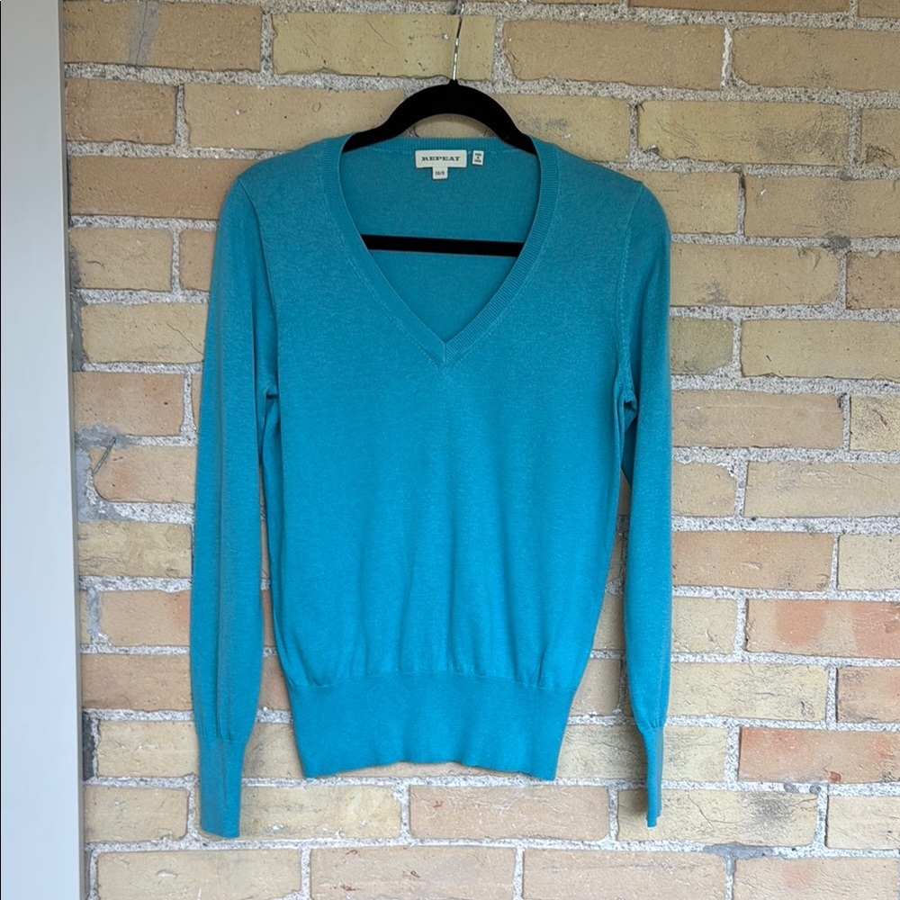 Repeat Turquoise Blue V-Neck Silk Blend Sweater